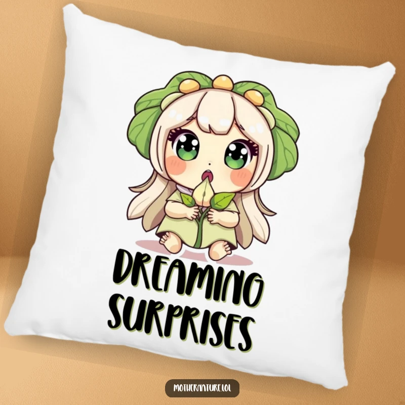 Funny pillow graphic of Mother Nature with wide eyes, surprised, holding a sprouting seed, embodying wonder.