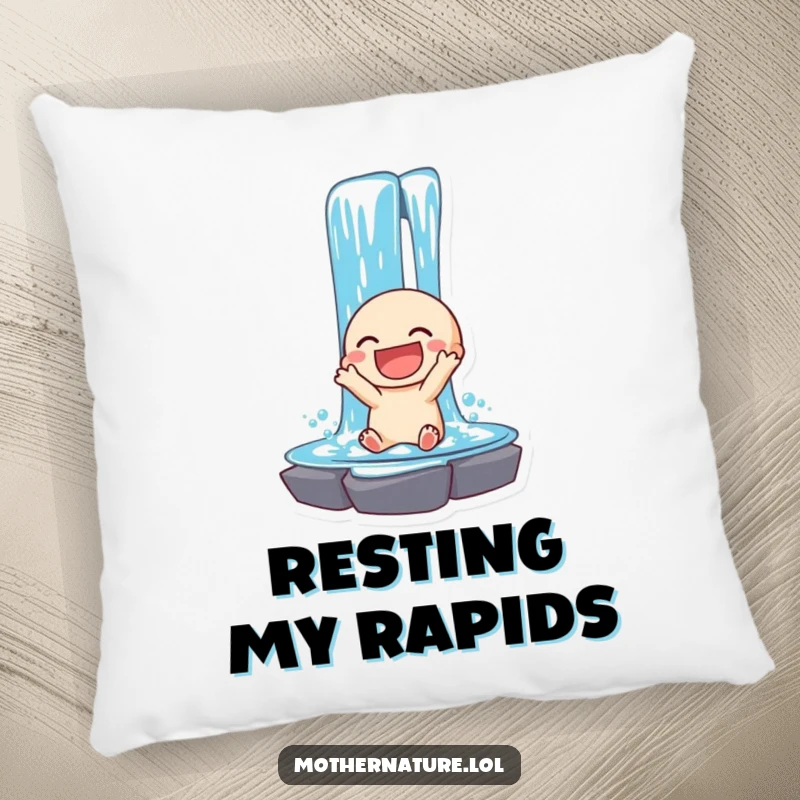 Funny pillow with a laughing waterfall character cascading happily. Soft and decorative.