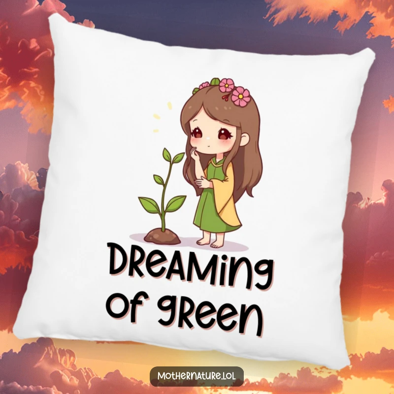 Mother Nature Pillow: Kind character whispering to a tiny, tall sprout, symbolizing care and potential. Soft and comforting gift.