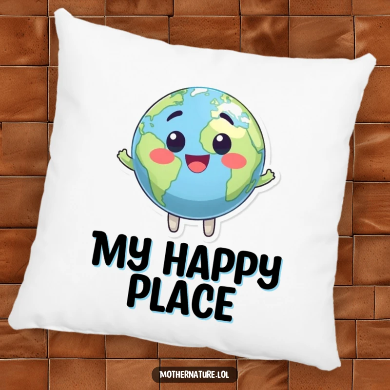 Funny pillow featuring a smiling, bouncing Earth globe character. Soft and decorative cushion.