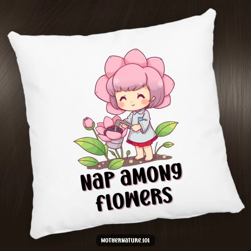 Funny pillow with a cute character happily watering a blooming oversized flower, humorous and cozy home decor.