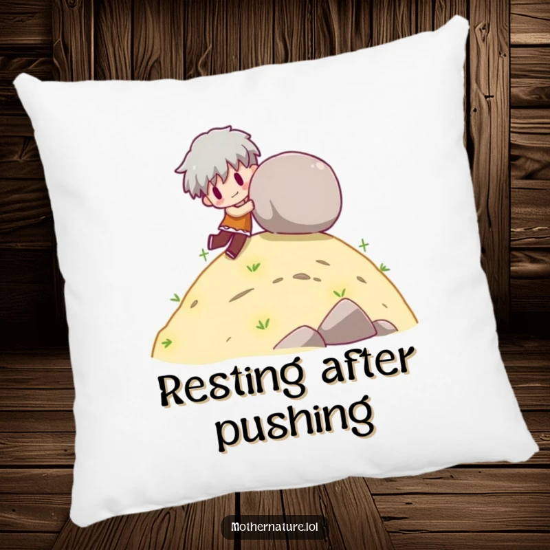 Funny decorative pillow of a character playfully pushing a rolling boulder down a gentle hill.