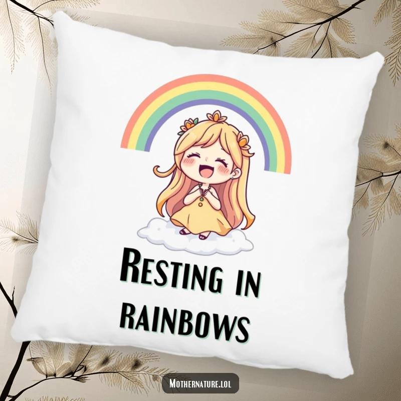 Funny Mother Nature pillow with a laughing character surrounded by a vibrant rainbow, adding cheerful decor.