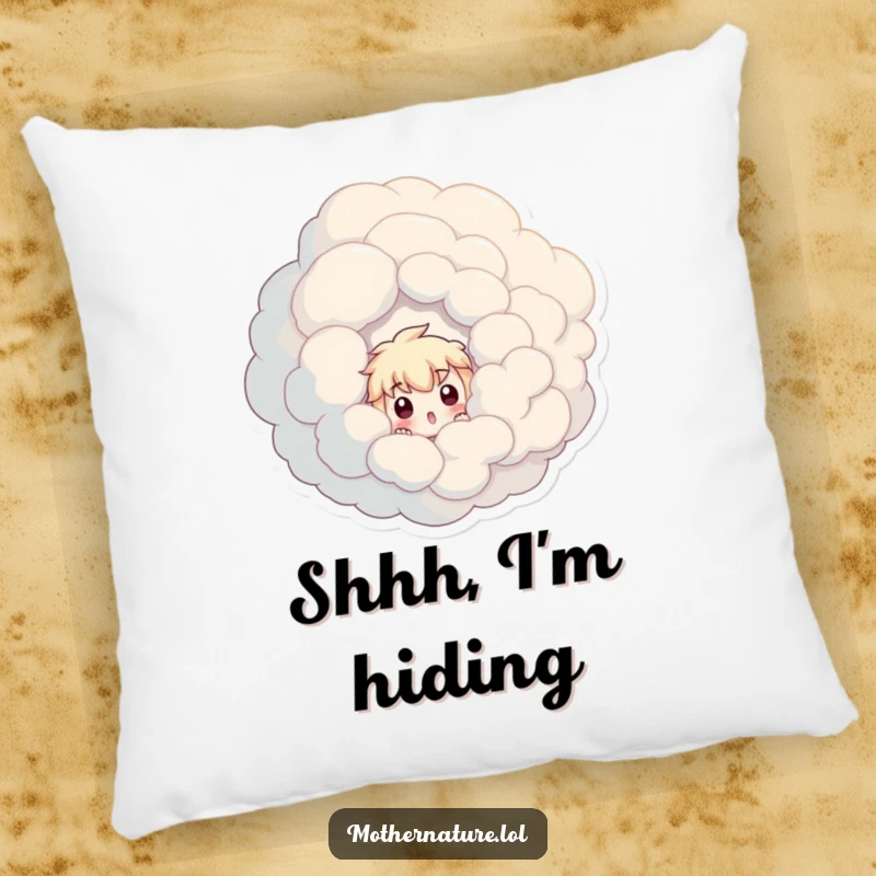 Funny decorative pillow with a surprised character peeking from a giant, whimsical, swirling cloud.