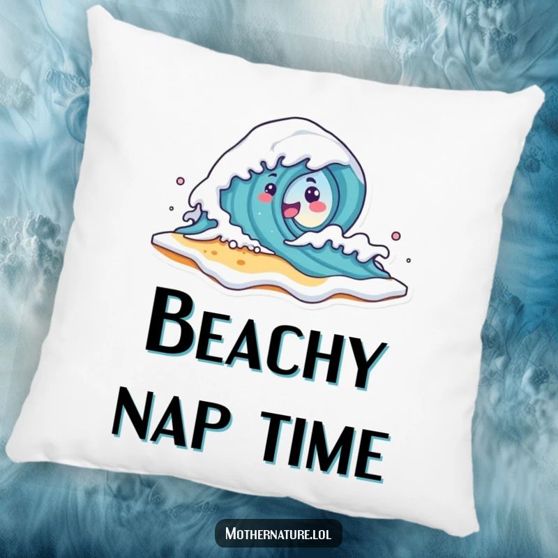 Funny Wave Character Pillow featuring a cute wave character crashing onto a smiling beach shore with foam, perfect for cozying up with beach vibes.