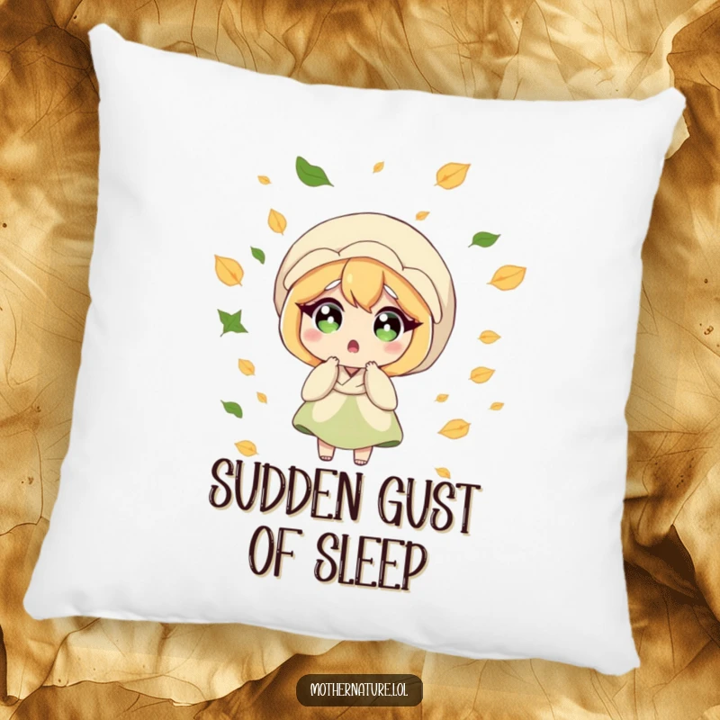 Funny Mother Nature pillow, surprised character, leaves blowing in breeze, soft and humorous home decor, ideal funny gift.