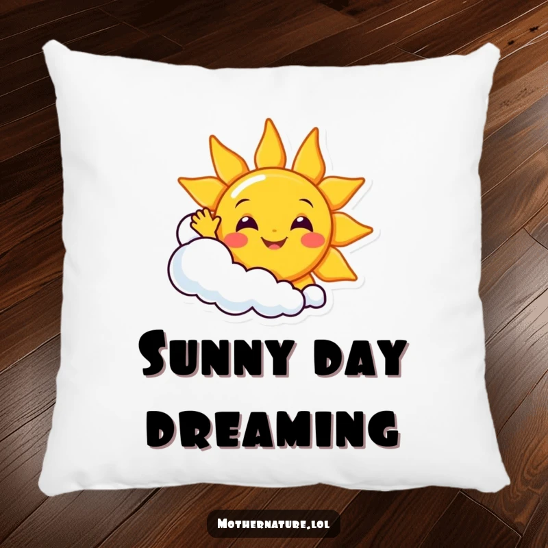 Funny smiling sun character waving enthusiastically from behind a giggling cloud, featured on a soft decorative pillow.