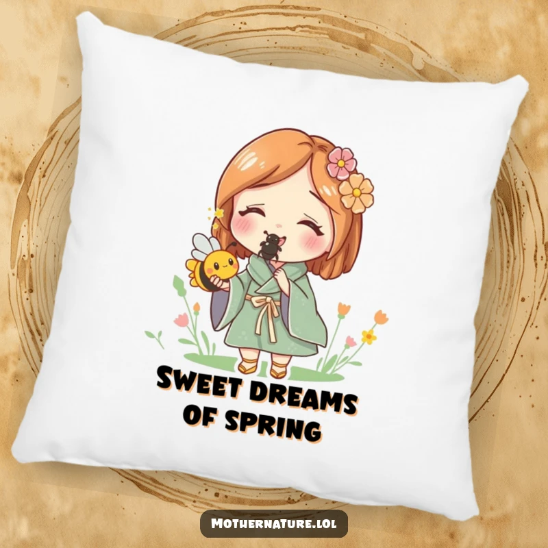 Funny pillow depicting Mother Nature delightedly holding a tiny, buzzing bee, offering comfort and a connection to the natural world.