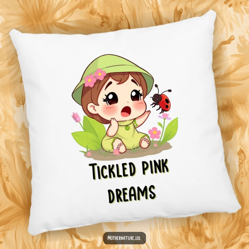 Funny pillow depicting Mother Nature reacting with surprise to a ladybug tickling her, offering comfort with a playful nature theme.