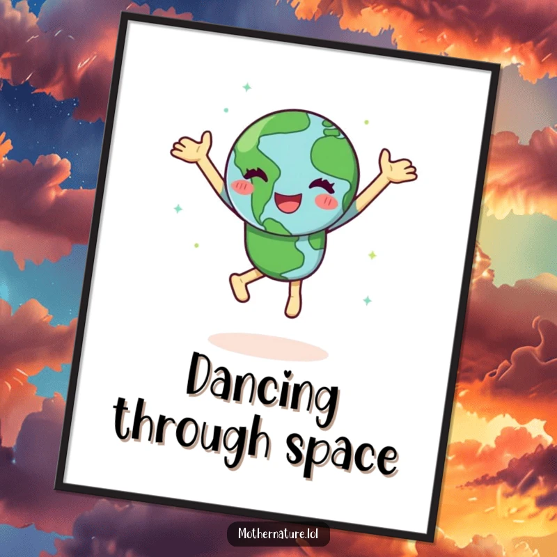 Funny Earth digital art print of a happy character doing a joyful dance, spinning with green continents, for instant planetary decor.