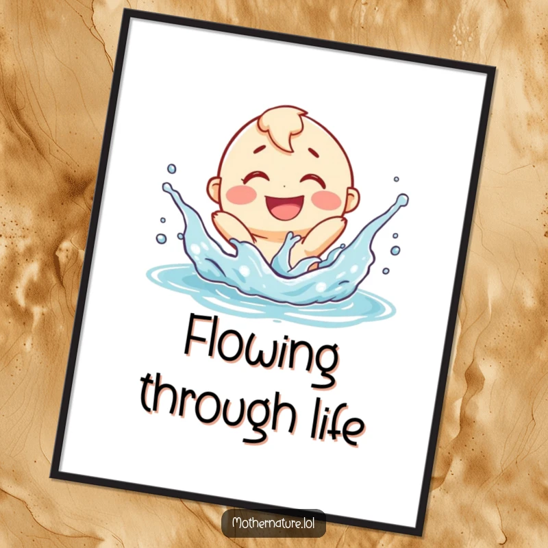 Funny smiling river character digital art print, playfully splashing with a delighted expression, creating whimsical and humorous decor.