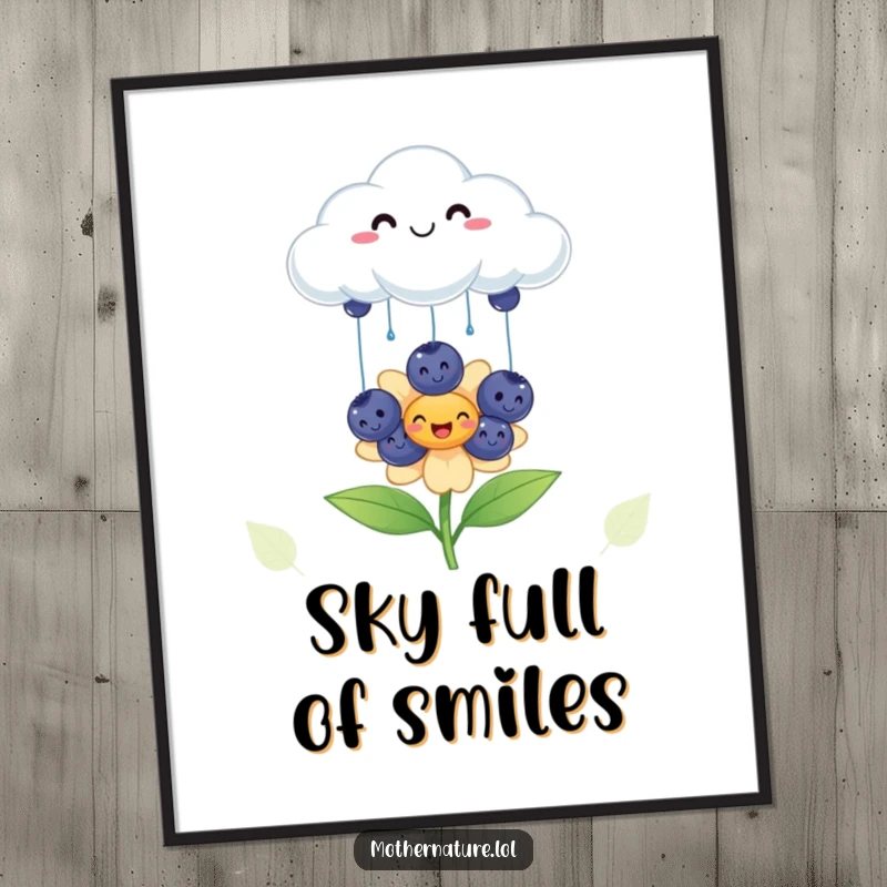 Funny cheerful cloud digital art print, raining smiling blueberries onto a happy flower, instant download cheerful decor.