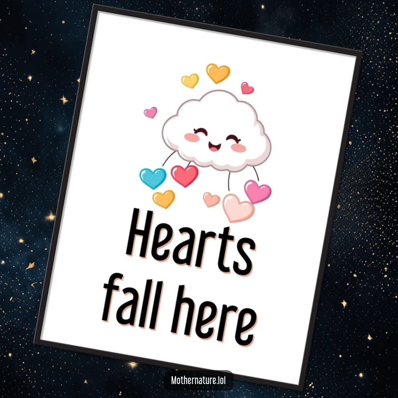 Funny digital art print of a tiny, cute cloud character erupting in laughter while showering the viewer with colorful, bouncing heart-shaped raindrops.