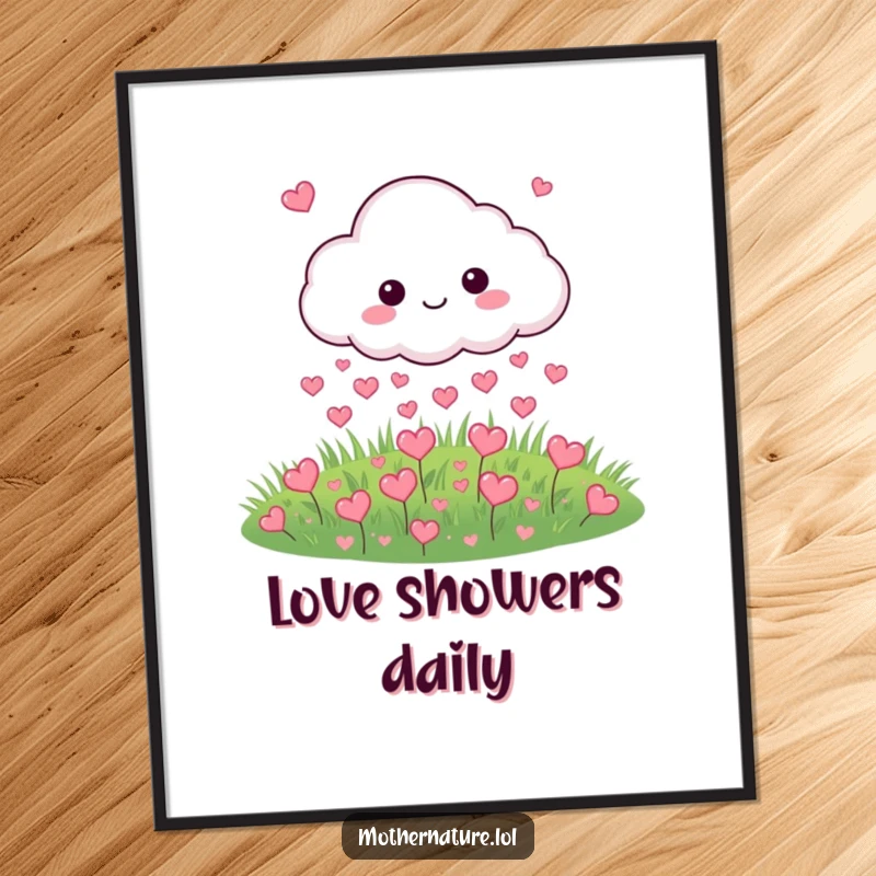 Funny digital art print of a cloud character raining hearts onto a meadow, perfect for instant download.