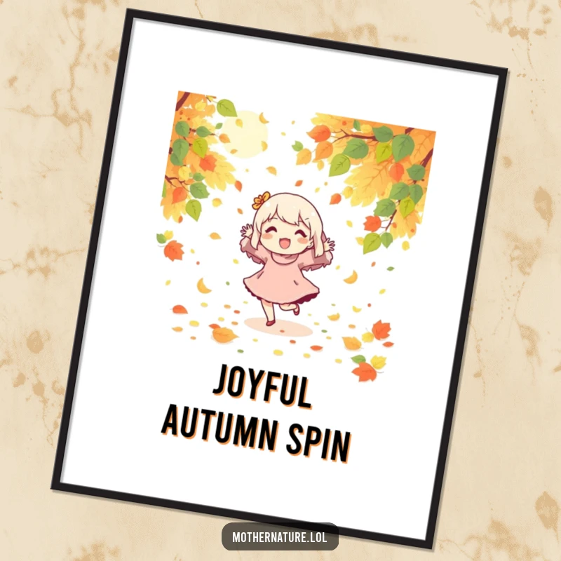 Funny digital art print of a character joyfully dancing in a charming autumn scene with leaves and sun.