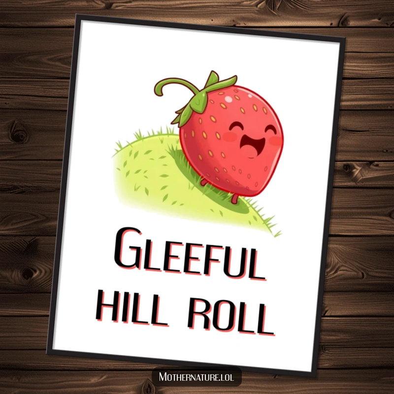 Funny digital art print of a plump, dizzy strawberry rolling downhill with glee, perfect for cheerful wall decor.