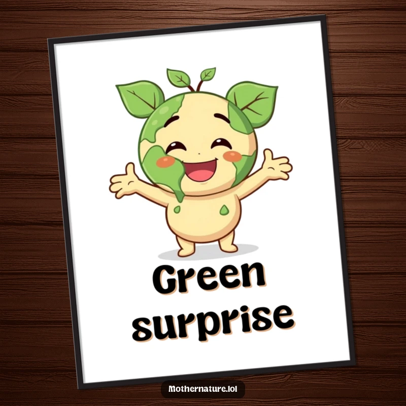 Funny digital art print of a smiling Earth character with leafy arms open, beaming with joyous surprise, ideal for whimsical decor.