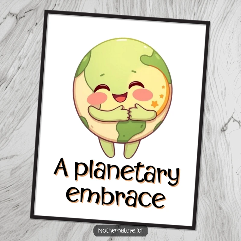 Funny Digital Art Print of a happy Earth character hugging a grinning Moon, symbolizing friendship and cosmic love.