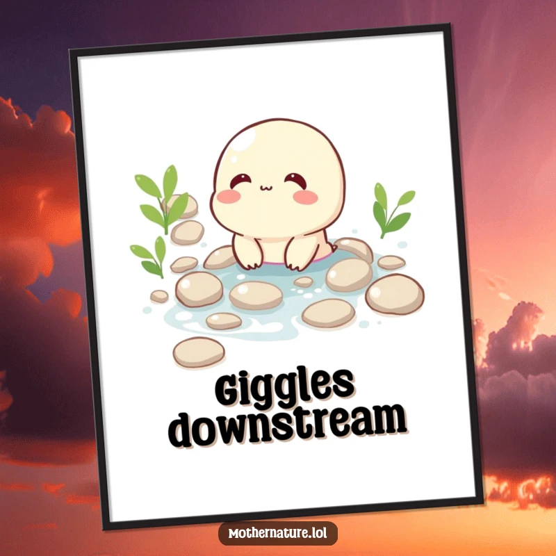 Funny digital art print of a happy, giggling brook character flowing smoothly over smooth pebbles, evoking serene joy.