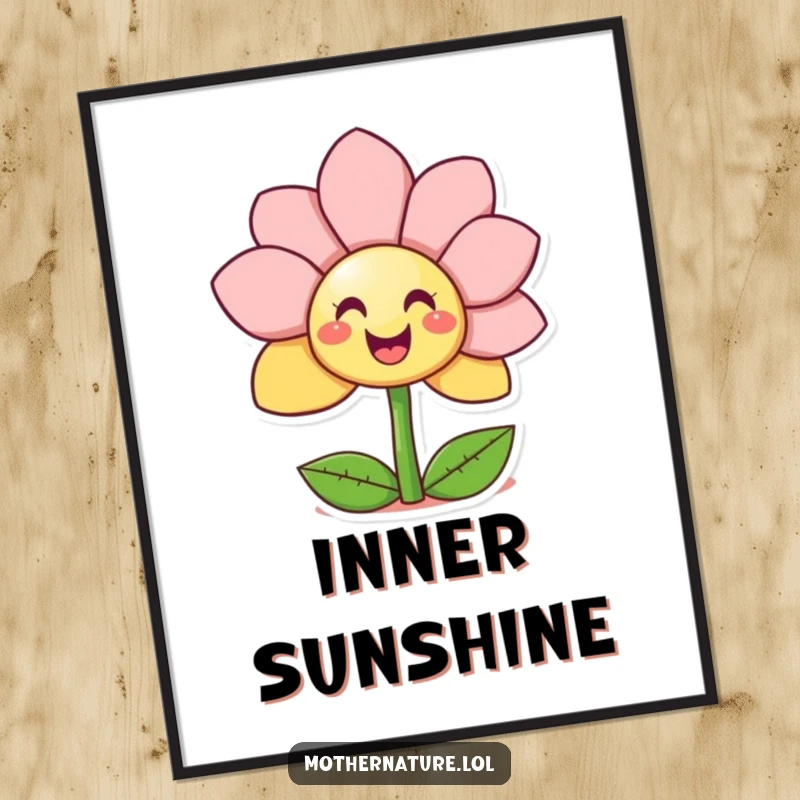 Funny Giggling Flower Digital Art Print of a character unfurling petals to reveal a surprise smiley face, perfect for cheerful decor.