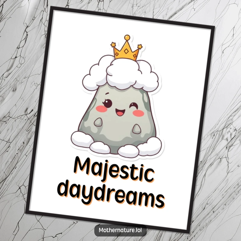 Funny digital art print of a happy mountain character wearing a whimsical crown of fluffy clouds, evoking majestic peace.