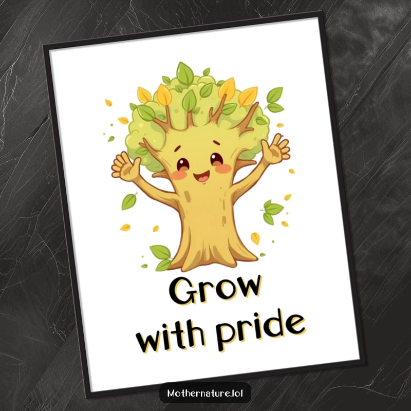 Funny Happy Tree Digital Art Print of a cheerful tree waving its branches with fluttering leaves, perfect for natural and humorous decor.