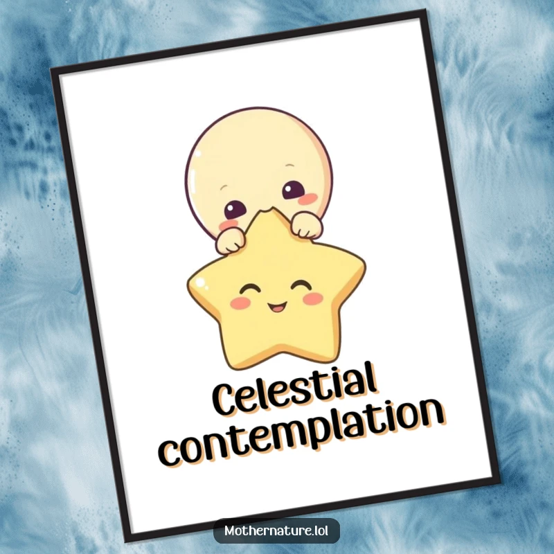 Funny digital art print of a curious moon character peeking at a giggling star. High-resolution for printing.