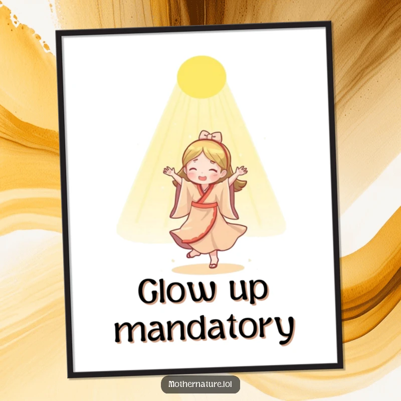 Funny Mother Nature digital art print showing a happy character dancing blissfully under a gentle shower of golden sunlight.