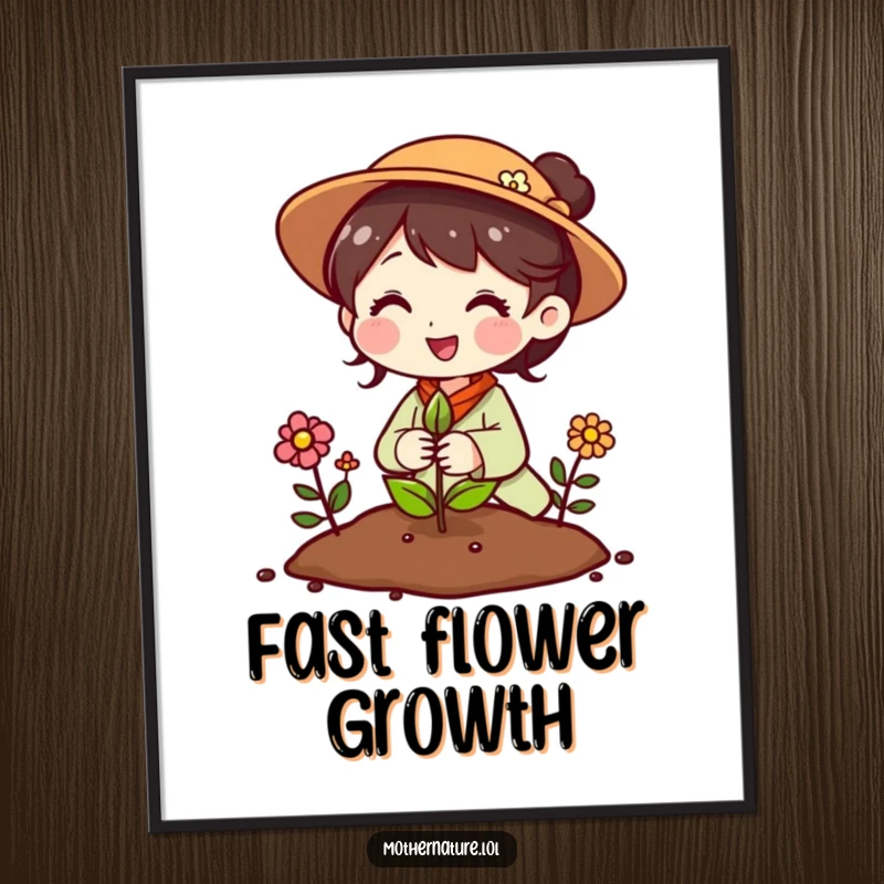 Funny Mother Nature digital art print of a cheerful character planting a seed that instantly sprouts into colorful flowers.