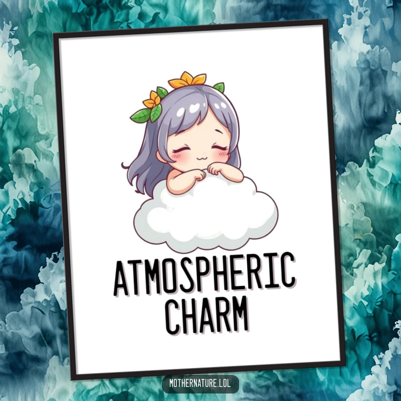 Funny Mother Nature digital art, playful character tickling a sleeping cloud, instant download art, whimsical decor, great funny gift.