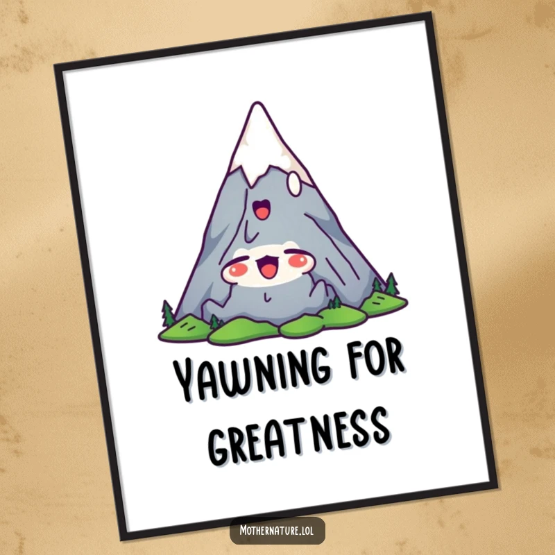 Funny mountain digital art print of a cute character stretching its peaks upwards with a satisfied yawn, for instant calm decor.
