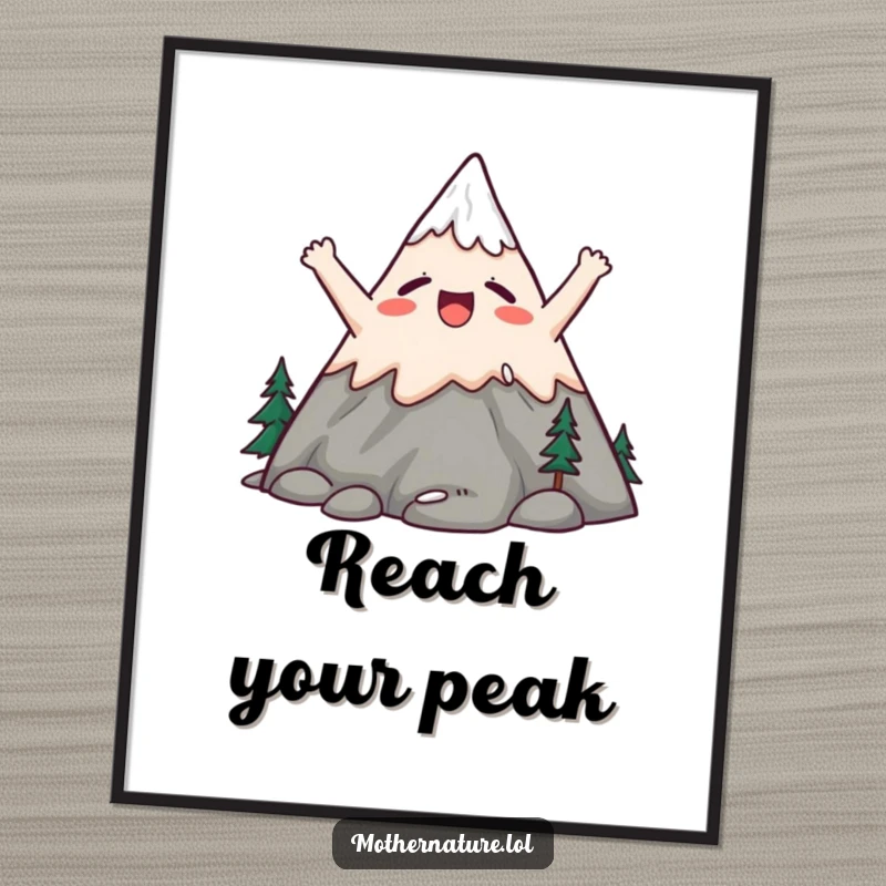 Funny digital art print of a cute mountain character stretching its peaks upwards in a large, satisfied yawn.