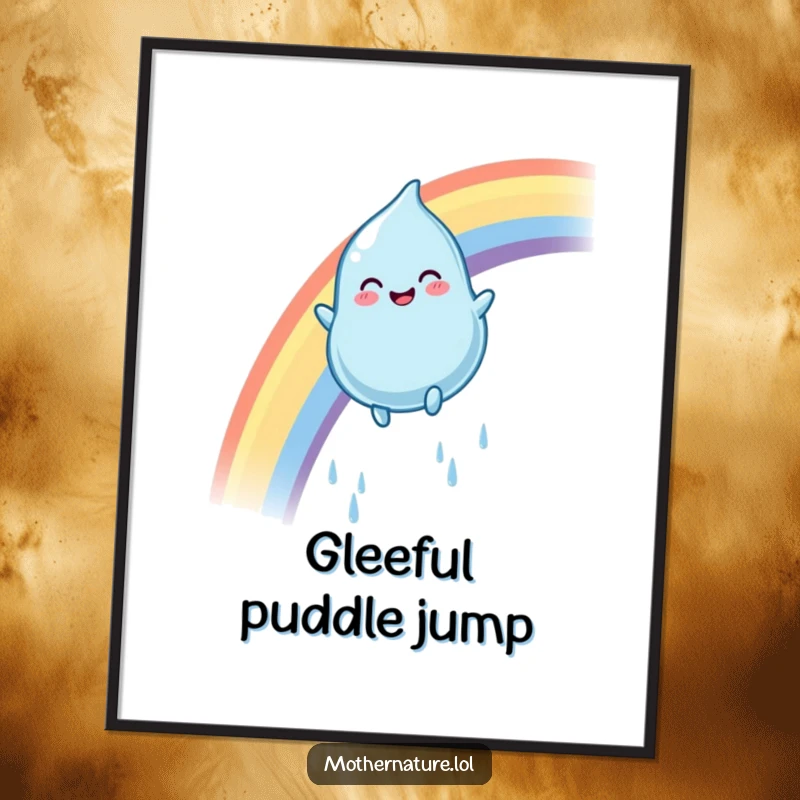 Funny rainbow raindrop digital art print of a smiling character sliding with glee down a vibrant arc, for instant colorful decor.