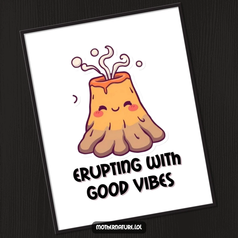 Funny smiling volcano character gently puffing smoke rings, available as a digital art print for unique decor.