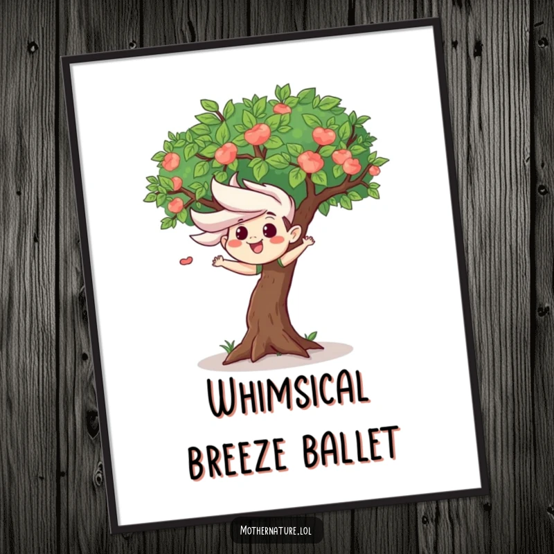 Mischievous wind gust character playfully ruffling leaves of a happy tree, as a digital art print, bringing instant playful humor.