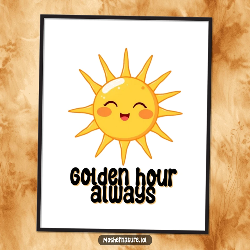Funny digital art print of a cheerful sun character giving a friendly wink while beaming warm, golden light rays down.