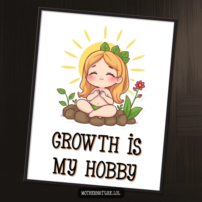 Funny digital art print of Mother Nature contentedly sunbathing surrounded by plants, ready to bring peaceful vibes to any space.