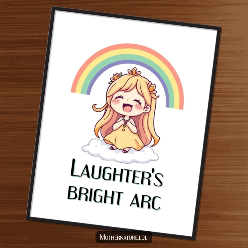 Funny Mother Nature digital art print of a laughing character surrounded by a vibrant rainbow, ready for download.