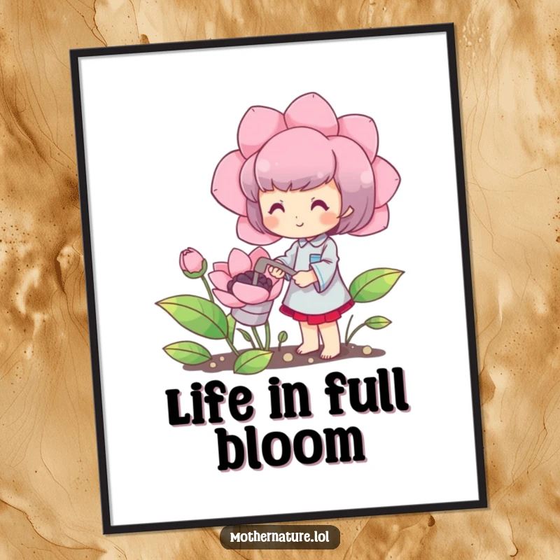 Funny digital art print of a cute character happily watering a blooming oversized flower, humorous instant download.