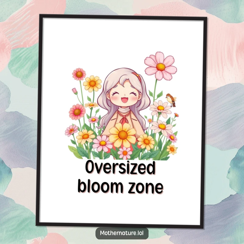 Mother Nature Digital Art Print: Joyful character with oversized wildflowers, creating a beautiful natural scene. Instant download and a lovely gift.