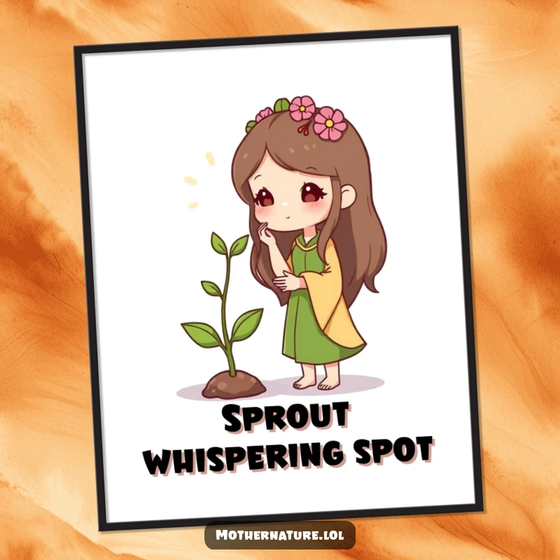 Mother Nature Digital Art Print: Kind character whispering to a small sprout, symbolizing growth and hope. Instant download and a thoughtful gift.