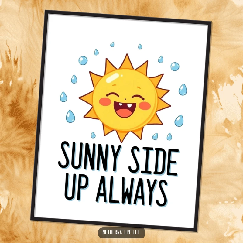 Funny sun character digital art print, juggling raindrops with a wide, toothy smile, creating a cheerful and humorous atmosphere.