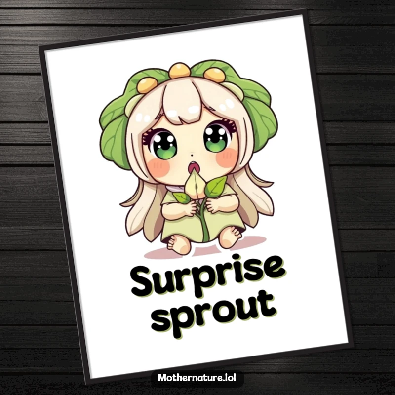 Funny digital art print of Mother Nature with wide eyes, surprised, holding a sprouting seed, symbolizing natural wonder.