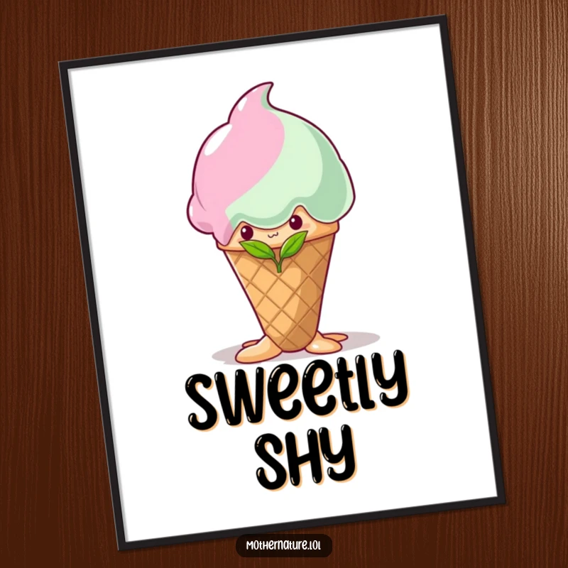 Funny shy sprout digital art print, hiding behind a melting ice cream cone, instant download cute decor.