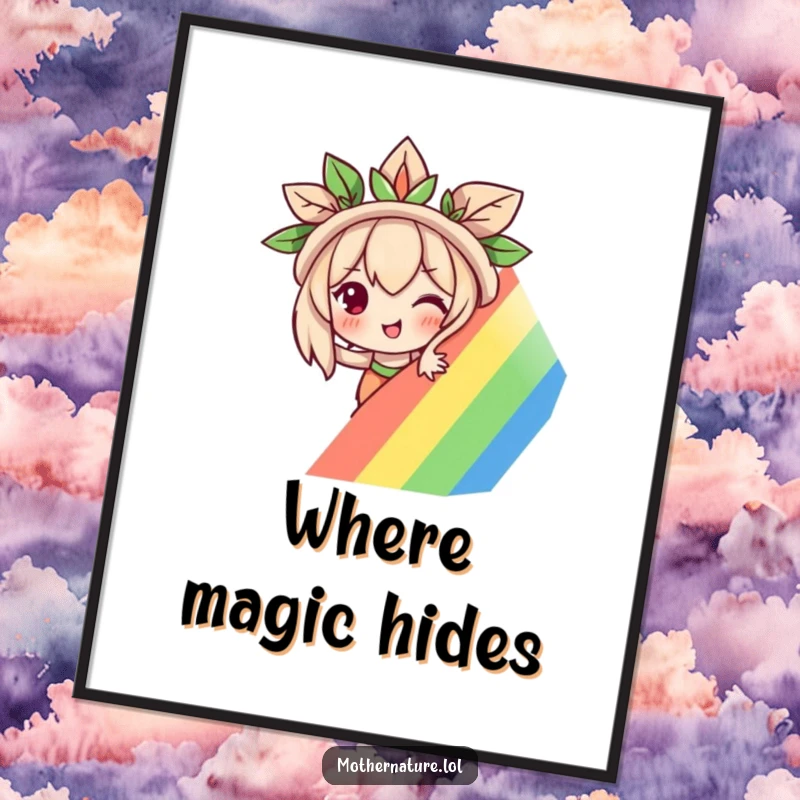 Funny Mother Nature digital art print showcasing a mischievous character peeking from behind a colorful rainbow, ideal for instant whimsical decor.