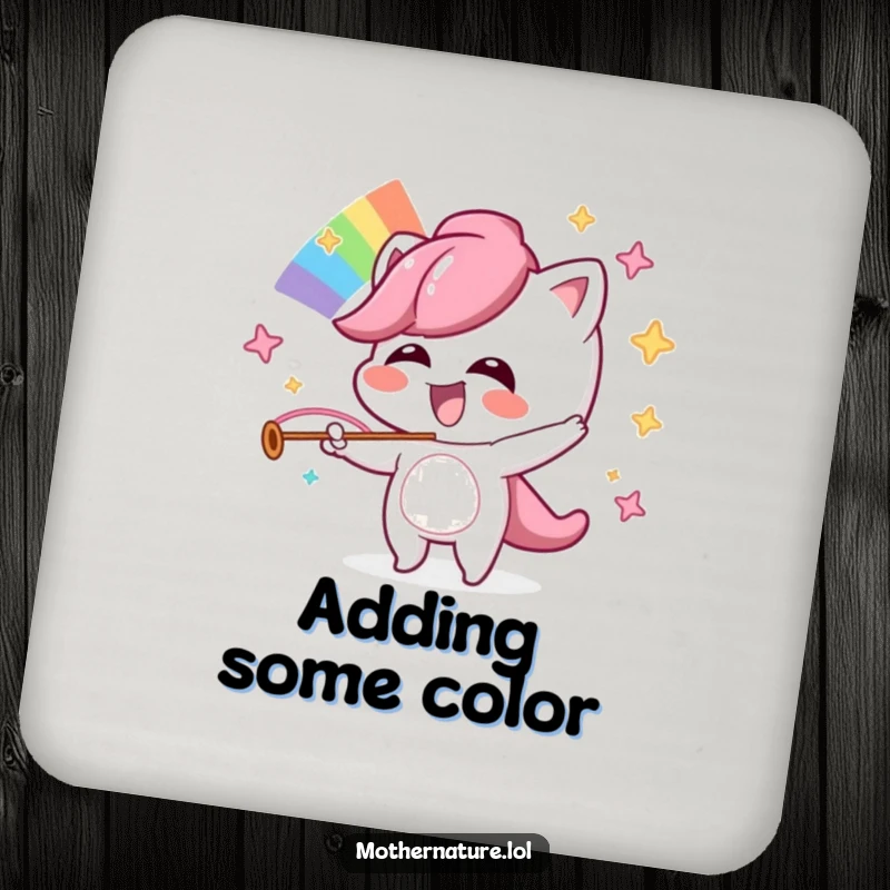 Funny drink coaster featuring a mischievous character giggling while orchestrating a rainbow.