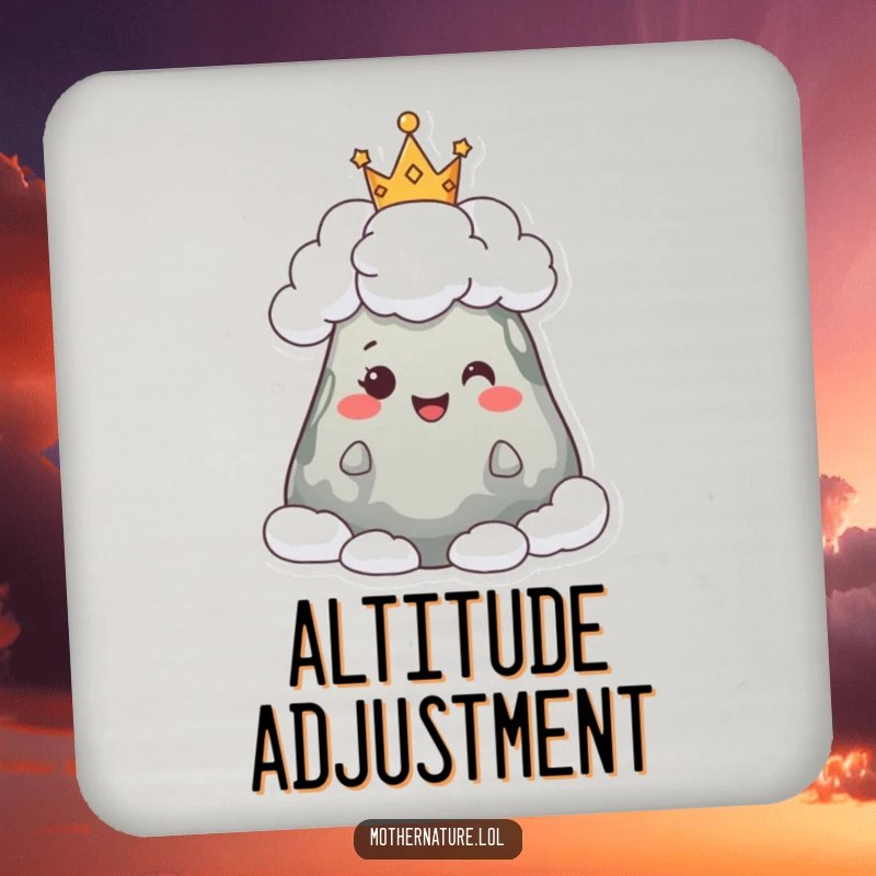 Funny drink coaster depicting a happy mountain character wearing a crown of fluffy clouds, protecting surfaces with majestic charm.