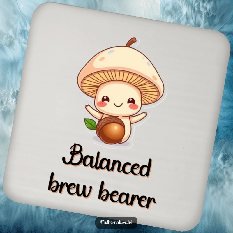 Funny mushroom drink coaster, smiling mushroom wearing an acorn hat, whimsical protection for tabletops, charming gift.