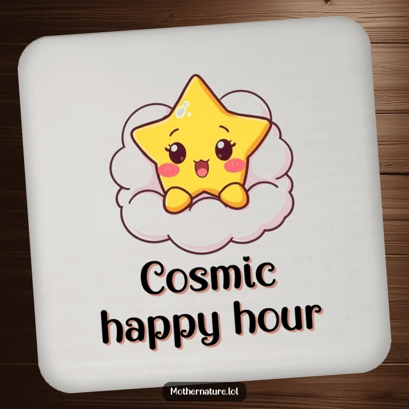 Funny Surprised Star Coasters set with a little character peeking from behind a smiling cloud, offering celestial and humorous table protection.
