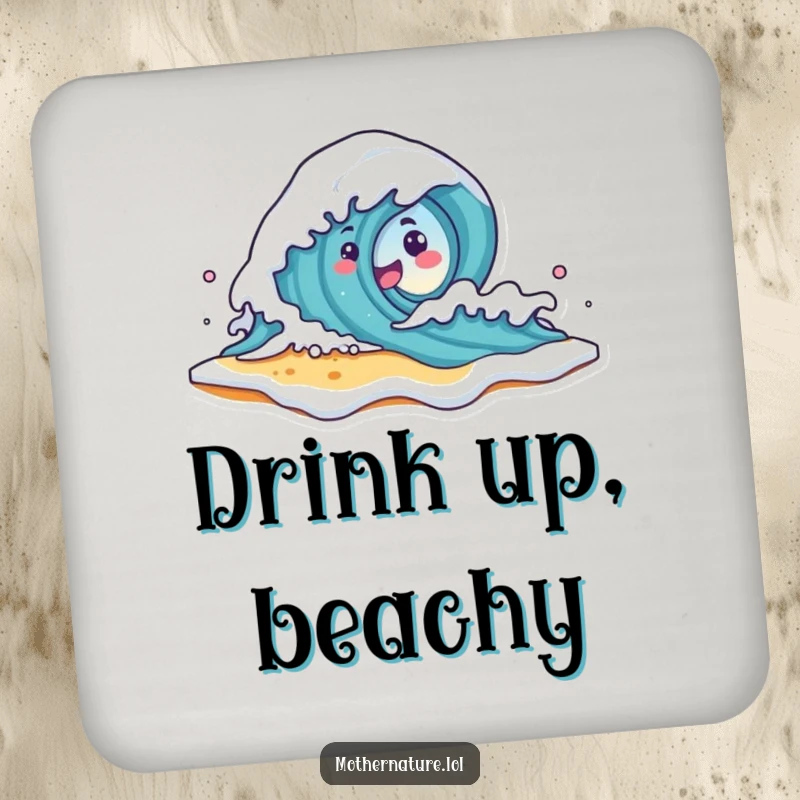 Funny Wave Character Coasters set with a cute wave character crashing onto a smiling beach shore with foam, offering seaside and humorous table protection.